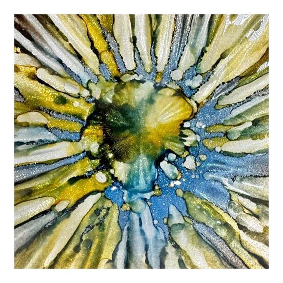 Hand Blown Glass Flower Bowl Glitter Blue Yellow Art Piece 12" Reverse Painted - Picture 7 of 7